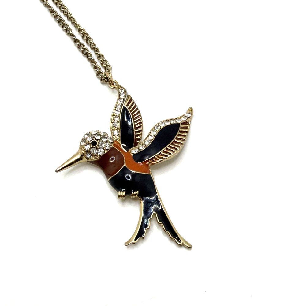 Hummingbird Pendant Necklace Dark Blue Orange Enamel Crystal Rhinestones 28"-30"